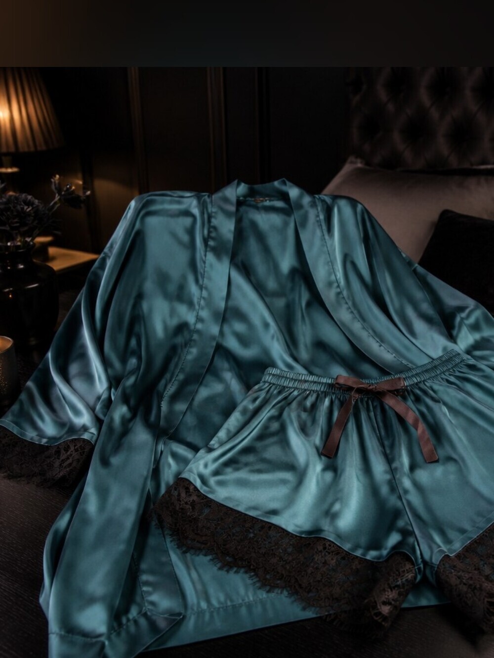 Women's Teal & Black Lace Trim Satin Pajama Set Robe and Shorts Glam Noir S Luxe